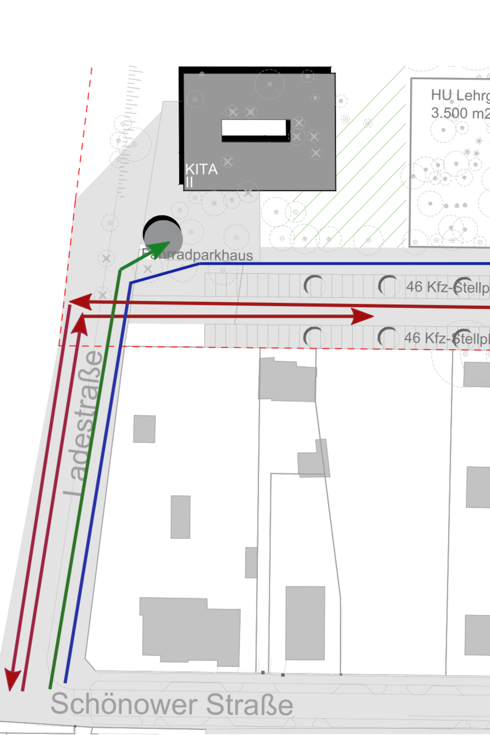 Abb 1: Zugang Ladestraße gemäß Planung der Verwaltung Auf der Skizze ist zu sehen, wie die Verkehrsströme geführt werden und wo sie sich überschneiden.