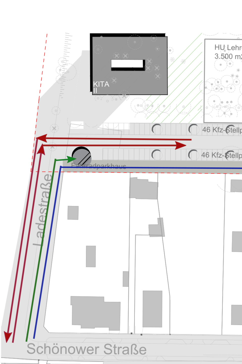 Abb 2: Zugang Ladesstraße Verbesserungsvorschlag Auf der Skizze wird gezeigt, wie der Fußgänger- und Fahrradverkehr durchgehend rechts des Kfz-Verkehrs geführt wird